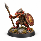 Dragonkin spear guard miniature with armor and a round shield.
