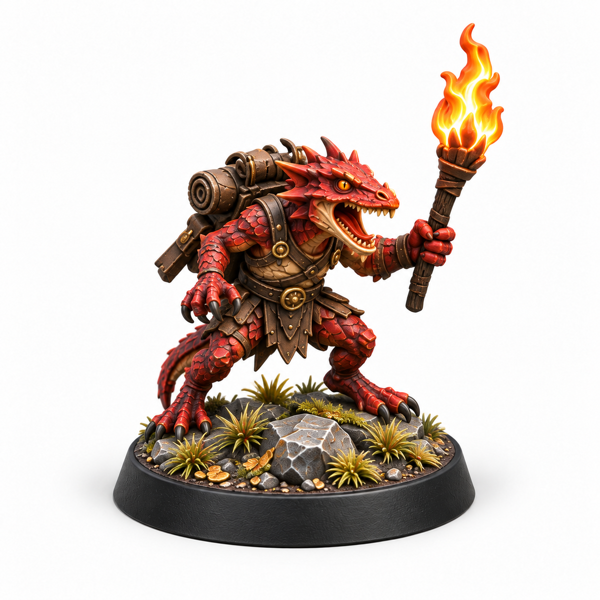 Dragonkin scout miniature holding a bright torch and supply pack.