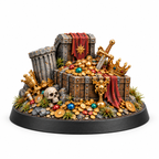 Dragon treasure hoard terrain miniature with chests, coins, gems, and a sword.