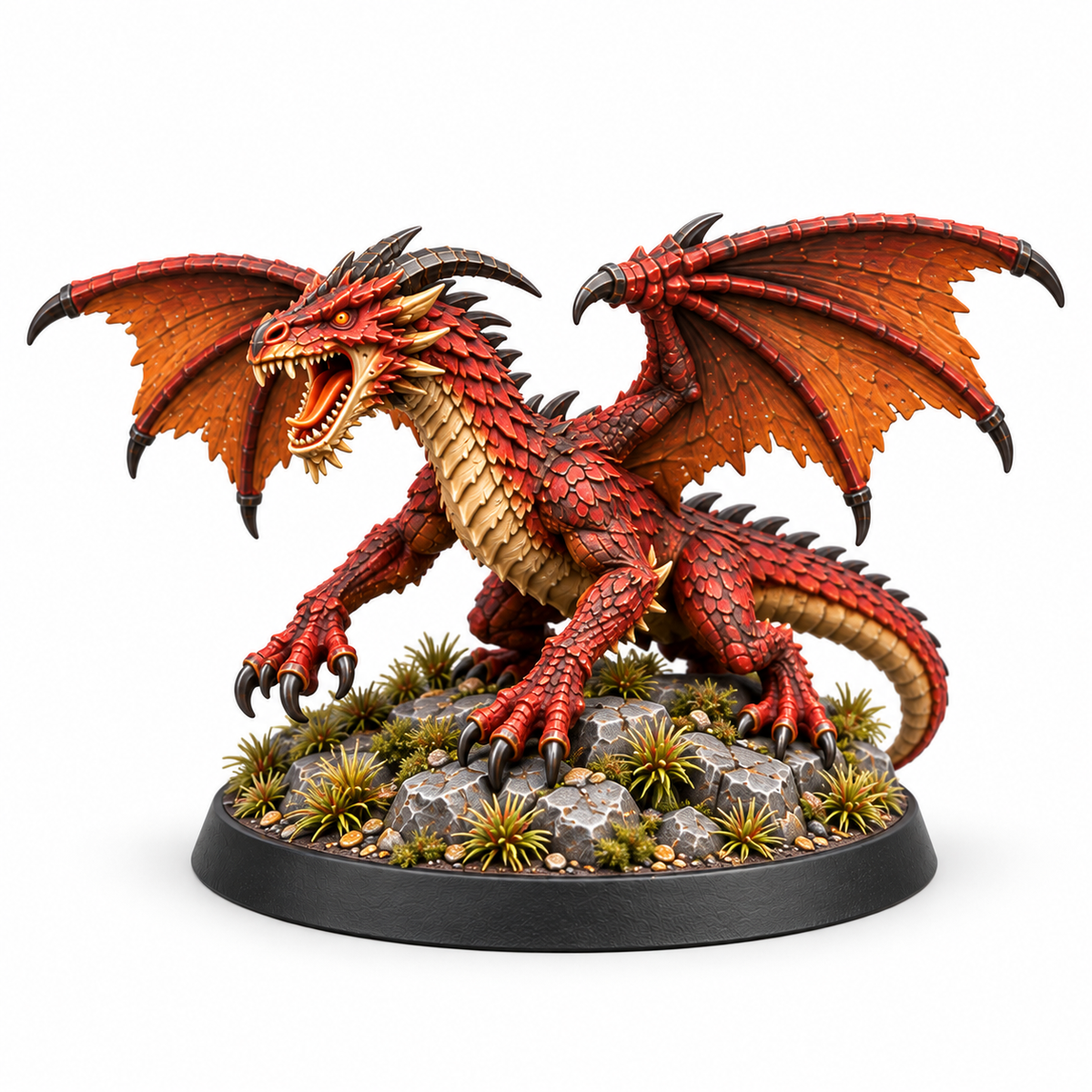 Young red dragon miniature with wings spread over a rocky base.
