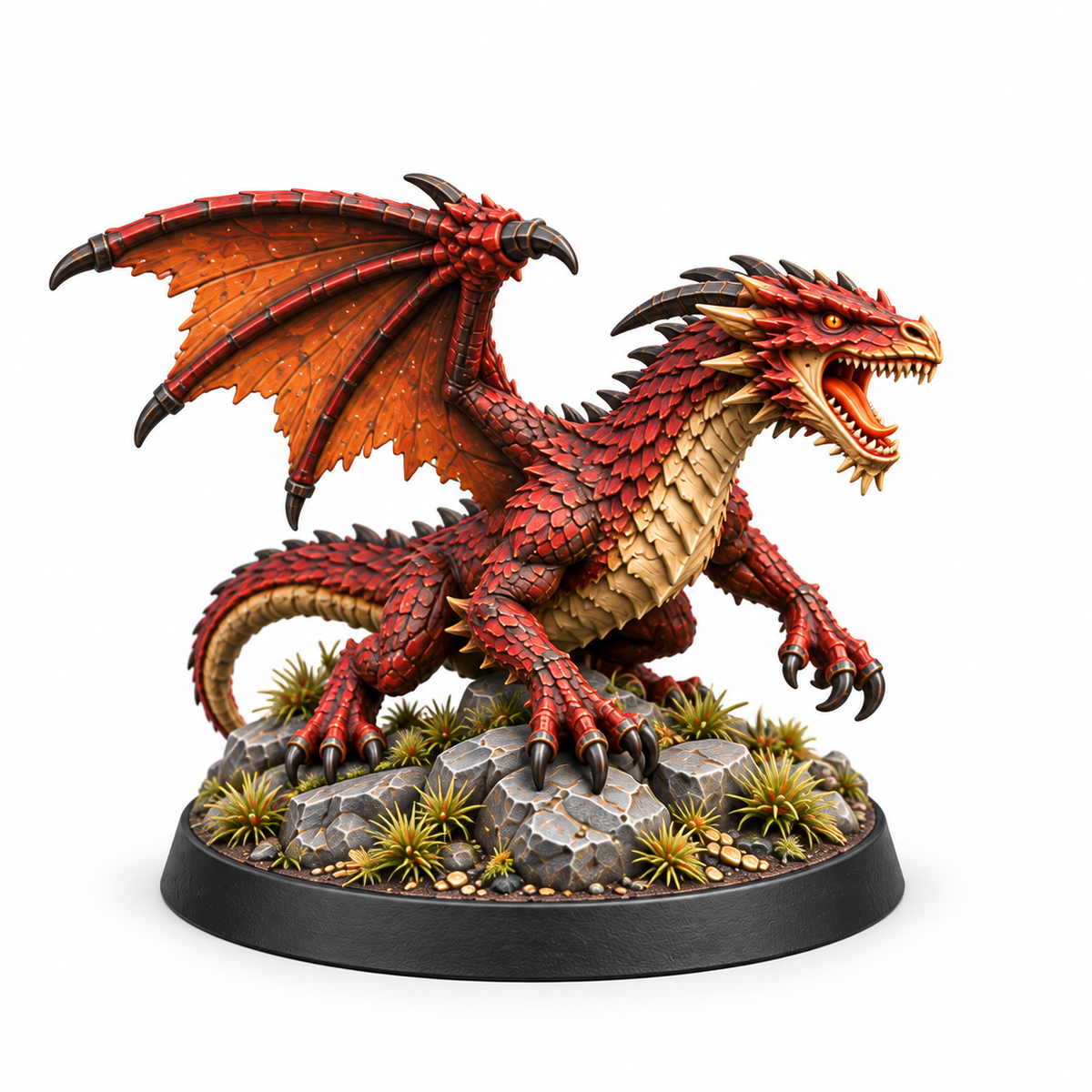 Second young red dragon miniature standing with wings raised.