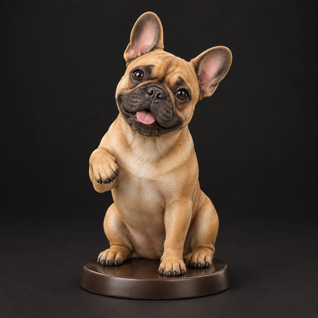 French Bulldog figurine in paw up pose, studio view