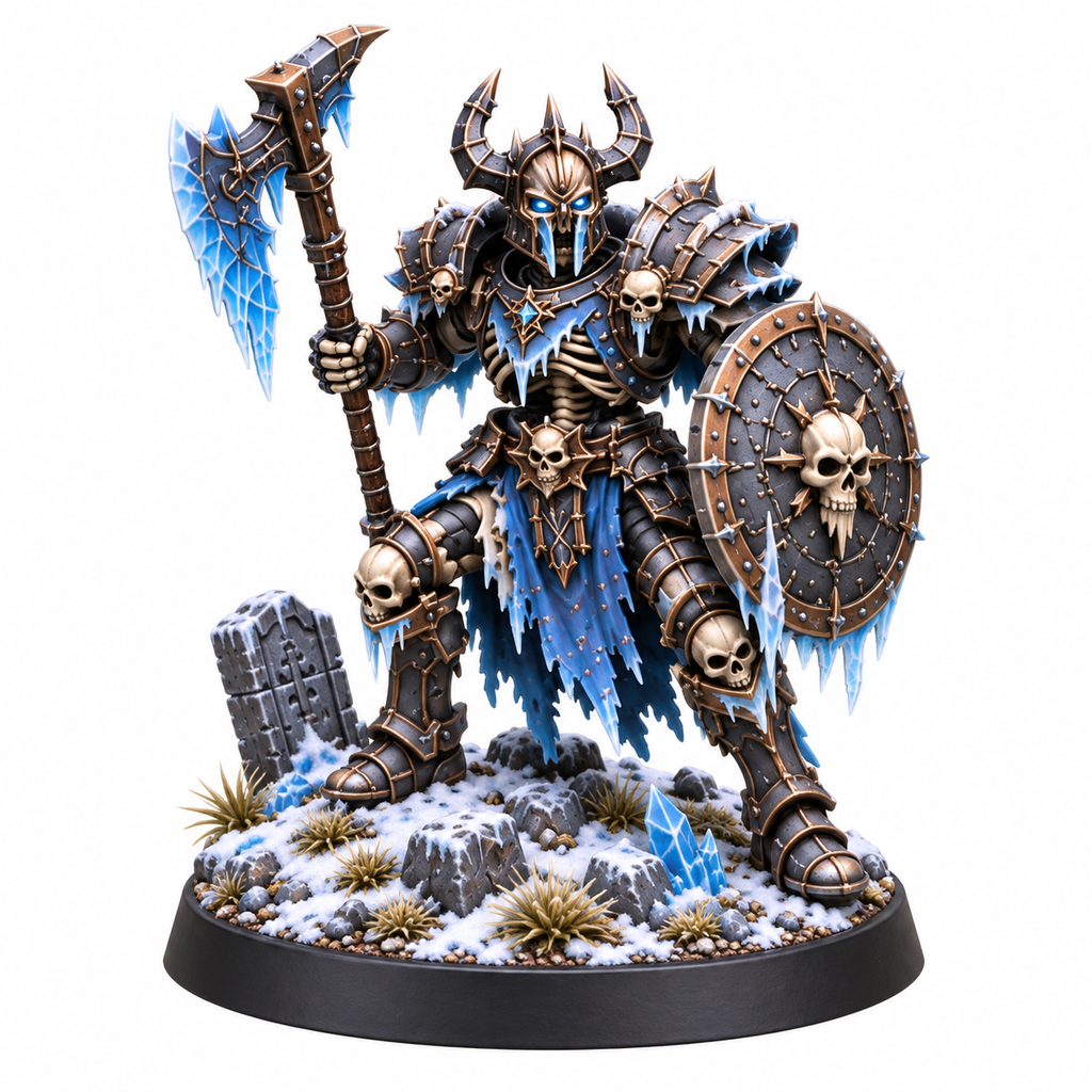 Frost armored champion miniature holding an ice axe and skull shield.