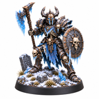 Frost armored champion miniature holding an ice axe and skull shield.