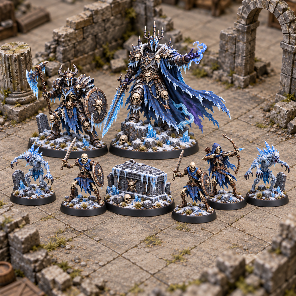 Eight miniatures from the Frozen Tomb encounter set arranged on a ruined tabletop.