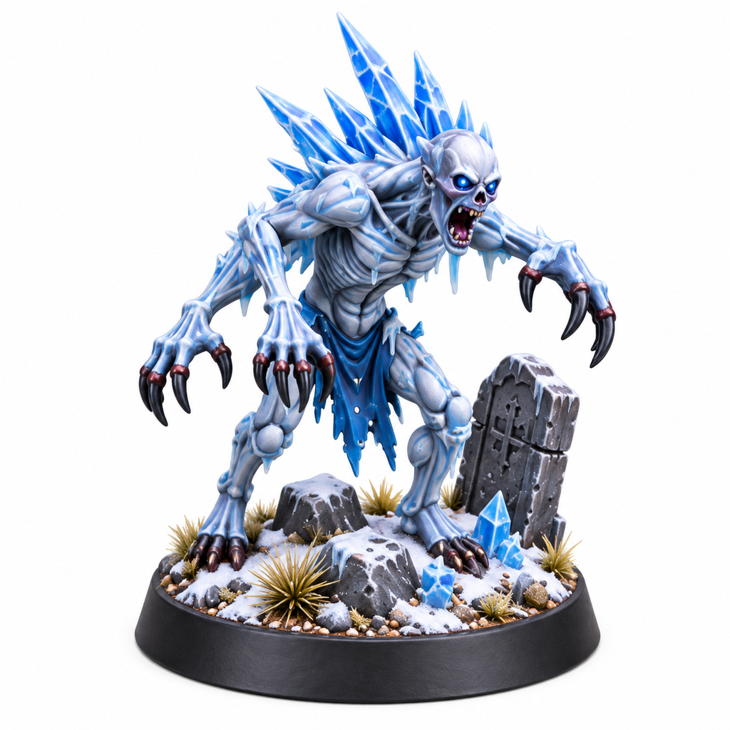 Frost wraith miniature with ice spikes and claws beside a grave marker.
