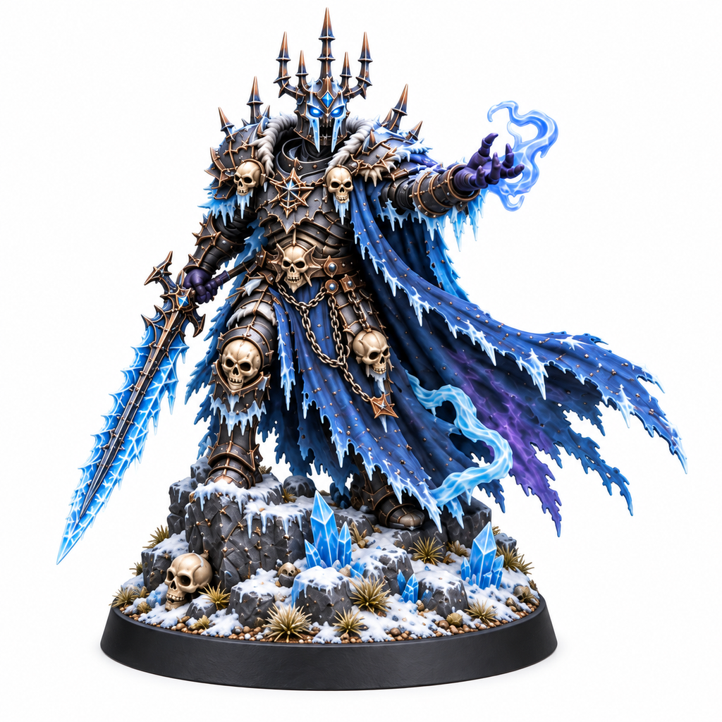 Ice lich lord miniature with a crown, spectral flames, and a frost-covered base.