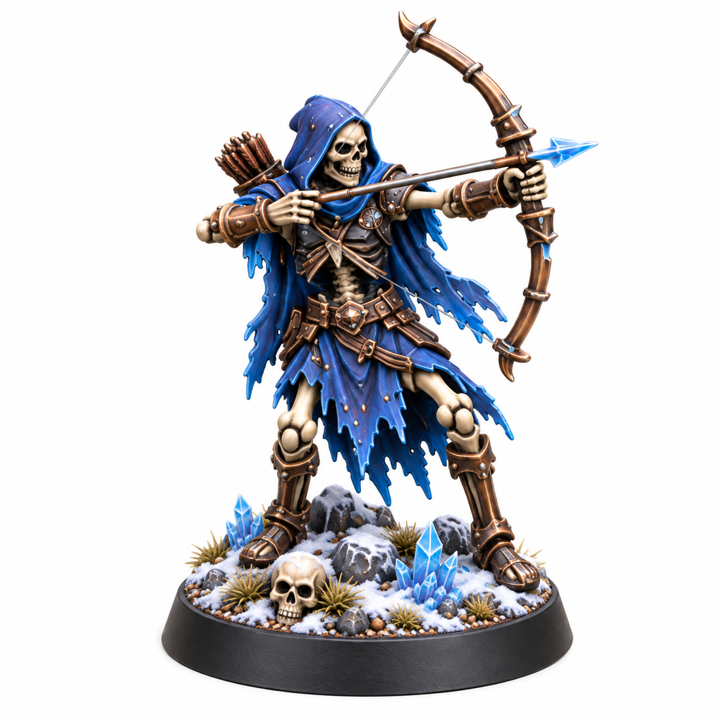 Skeleton archer miniature drawing a bow on a snow-covered rocky base.