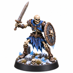 Skeleton warrior miniature with sword and round shield on a frozen base.