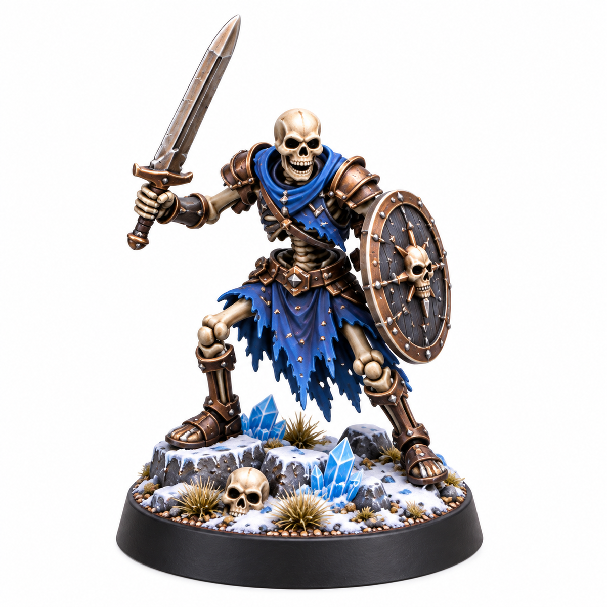 Second skeleton warrior miniature with sword and shield on a frozen base.