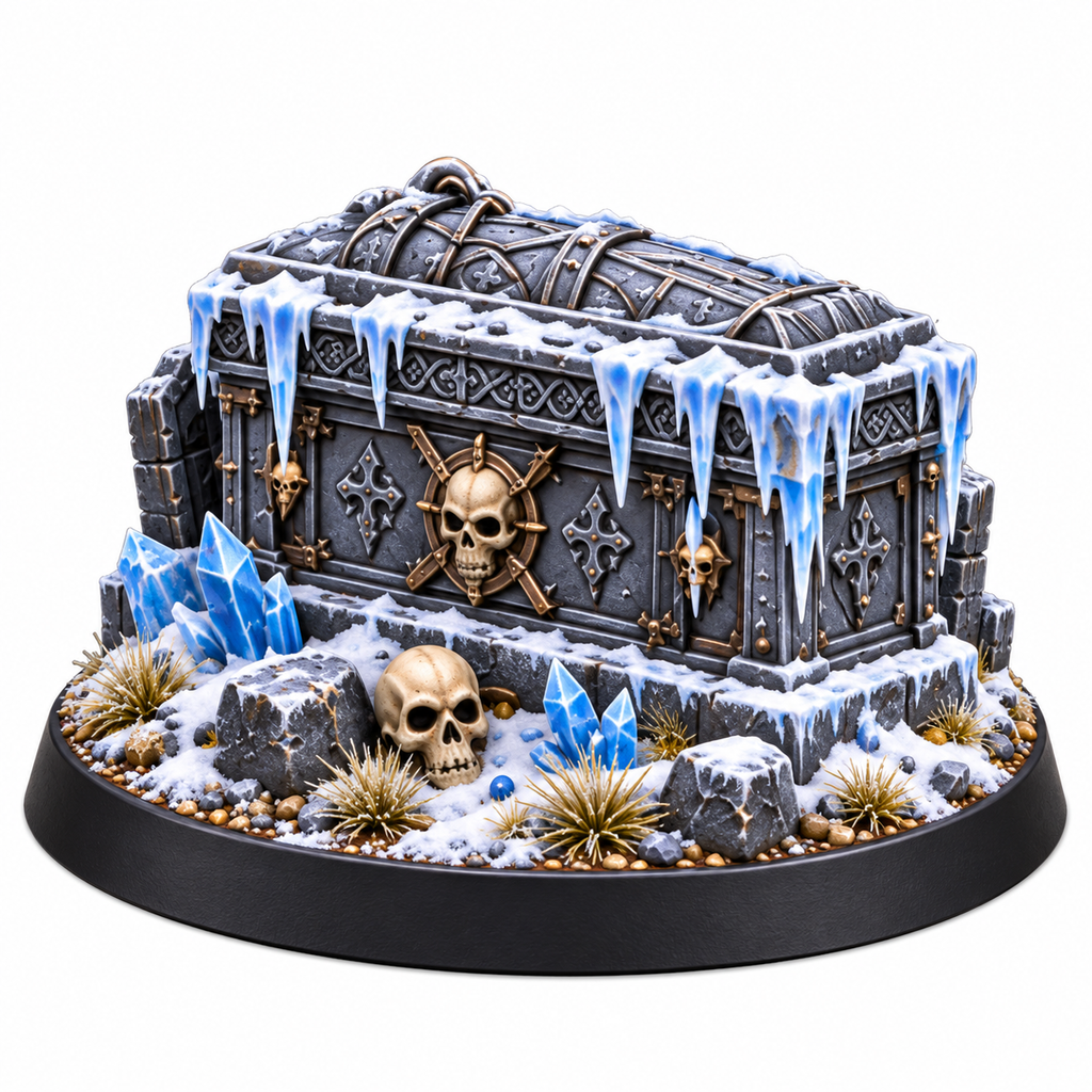 Frozen treasure chest terrain miniature surrounded by ice crystals and skulls.