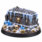 Frozen treasure chest terrain miniature surrounded by ice crystals and skulls.