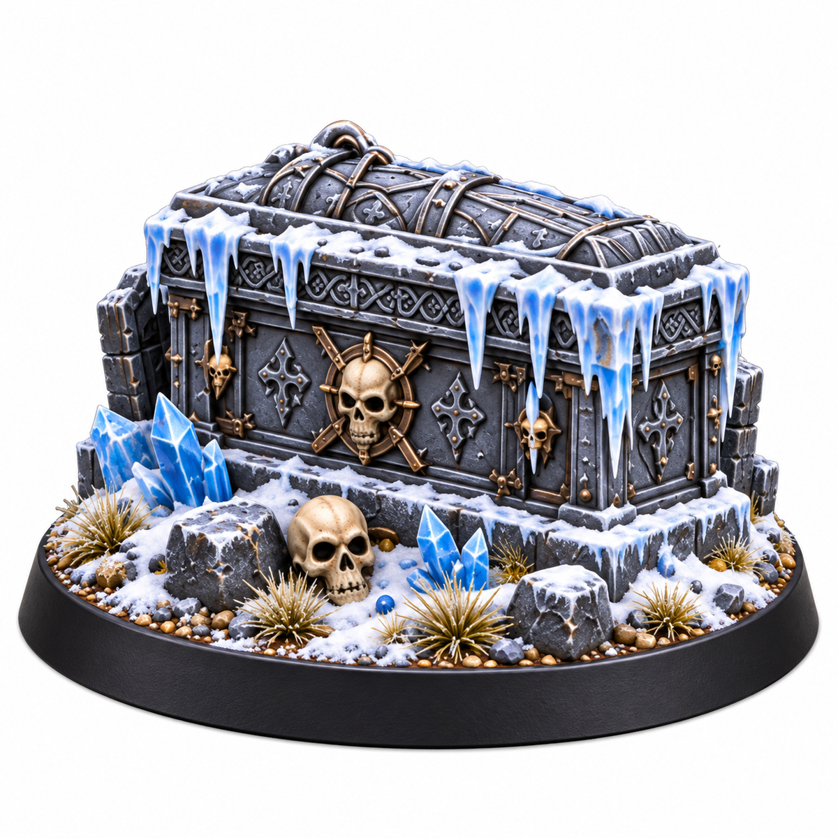 Frozen treasure chest terrain miniature surrounded by ice crystals and skulls.