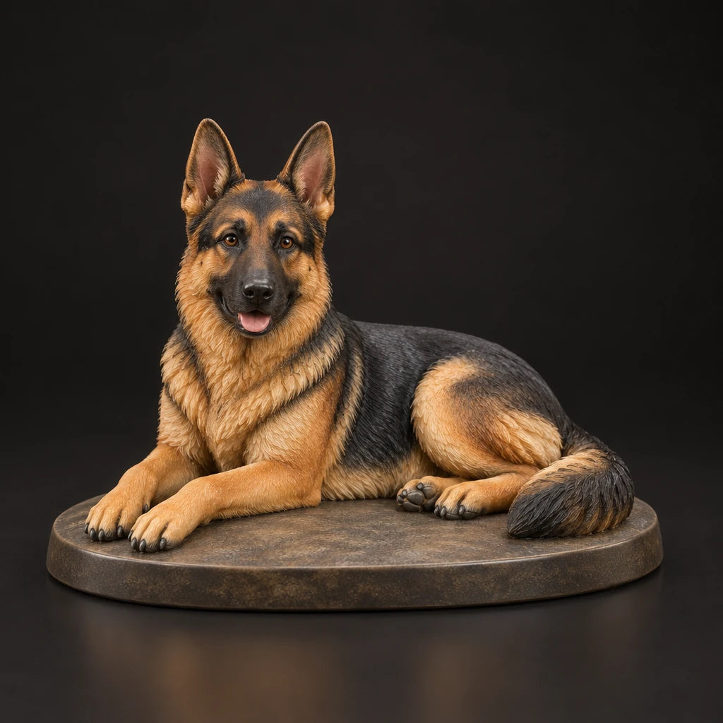 German Shepherd figurine in lying relaxed pose, studio view