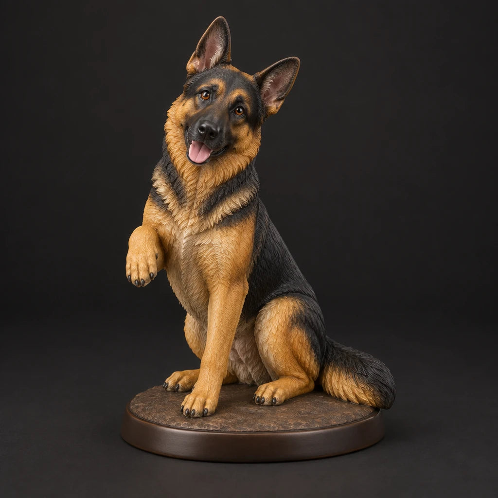 German Shepherd figurine in paw up pose, studio view