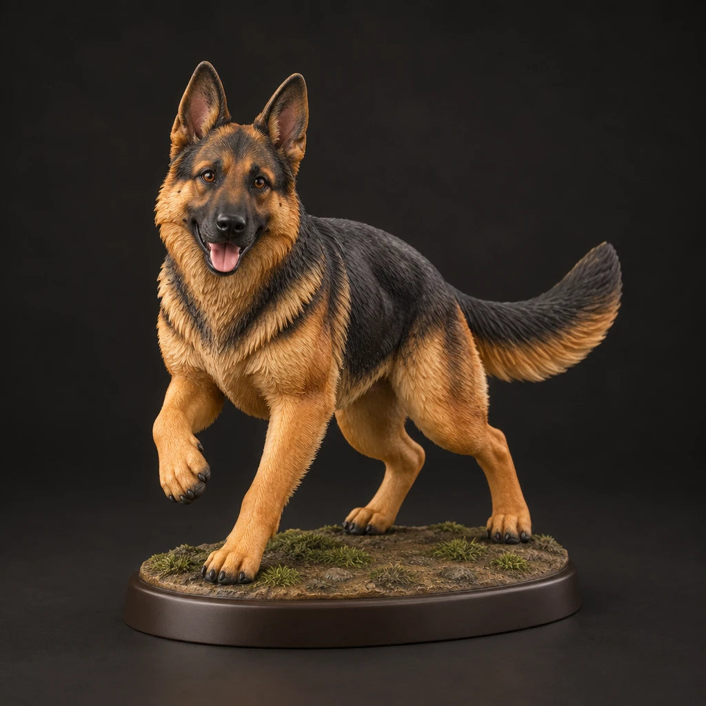 German Shepherd figurine in playful run pose, studio view