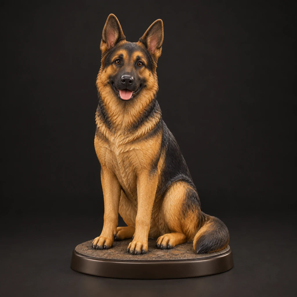 German Shepherd figurine in sitting happy pose, studio view