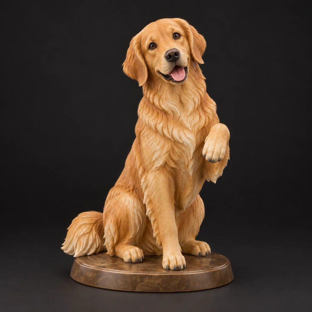 Golden Retriever figurine in paw up pose, studio view