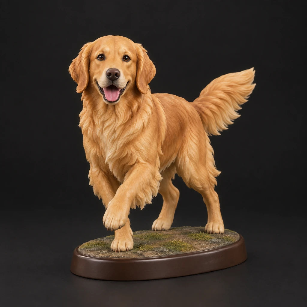 Golden Retriever figurine in playful run pose, studio view