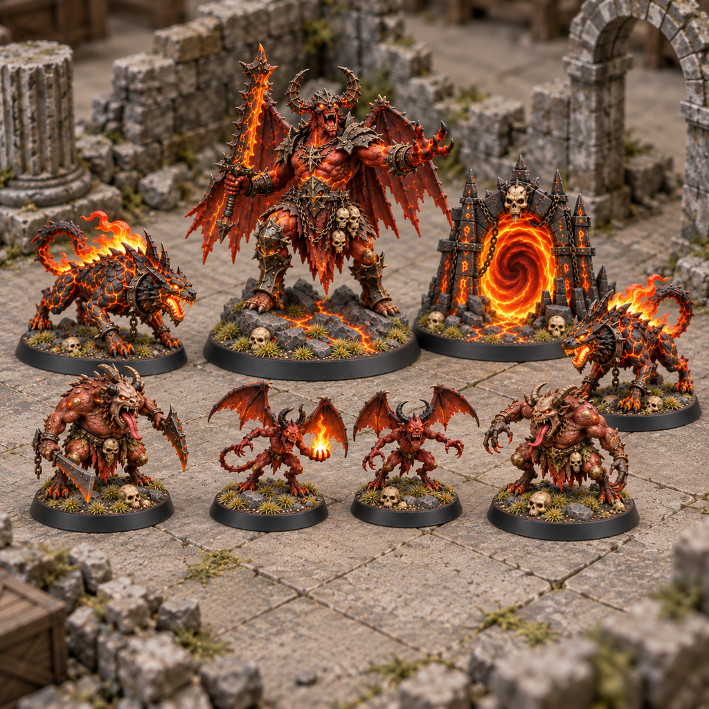 Eight miniatures from the Infernal Rift encounter set arranged on a ruined tabletop.