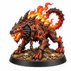 Armored hellhound miniature with molten cracks and a flaming tail.
