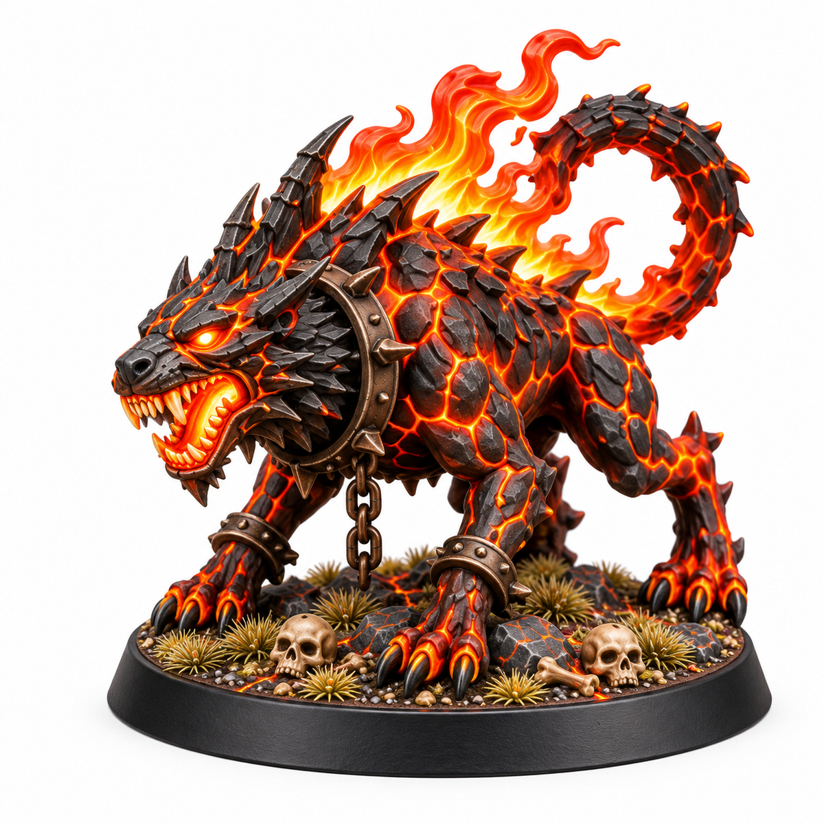 Armored hellhound miniature with molten cracks and a flaming tail.