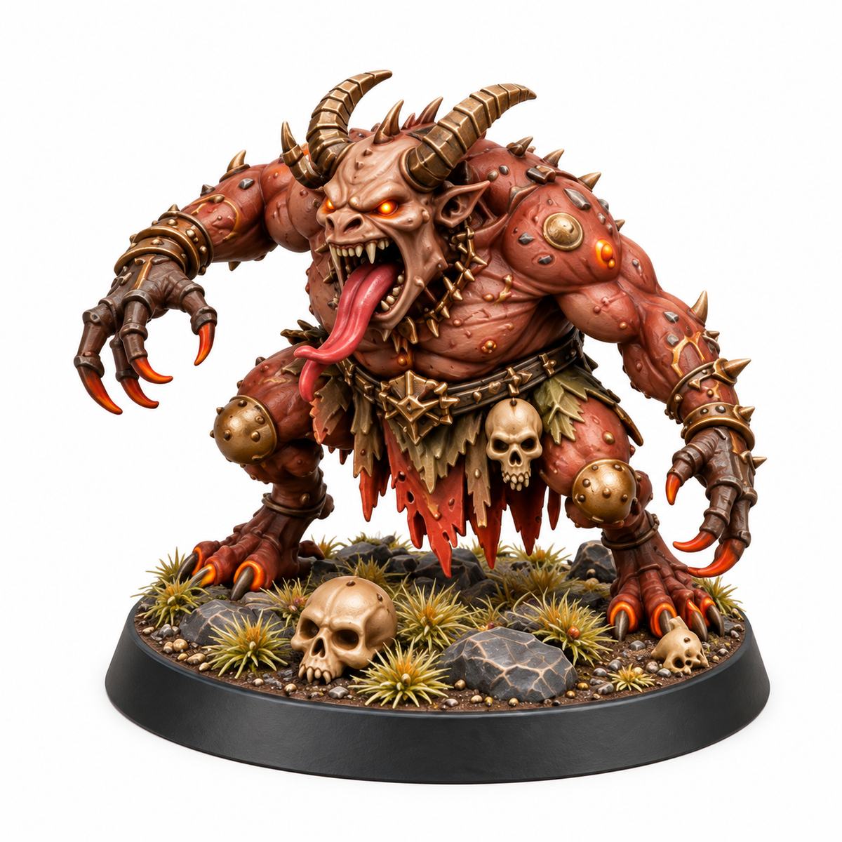 Horned brute miniature with claws and a skull-decorated rocky base.