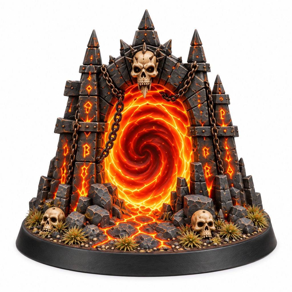 Infernal portal terrain miniature with a glowing orange vortex and skulls.