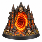 Infernal portal terrain miniature with a glowing orange vortex and skulls.