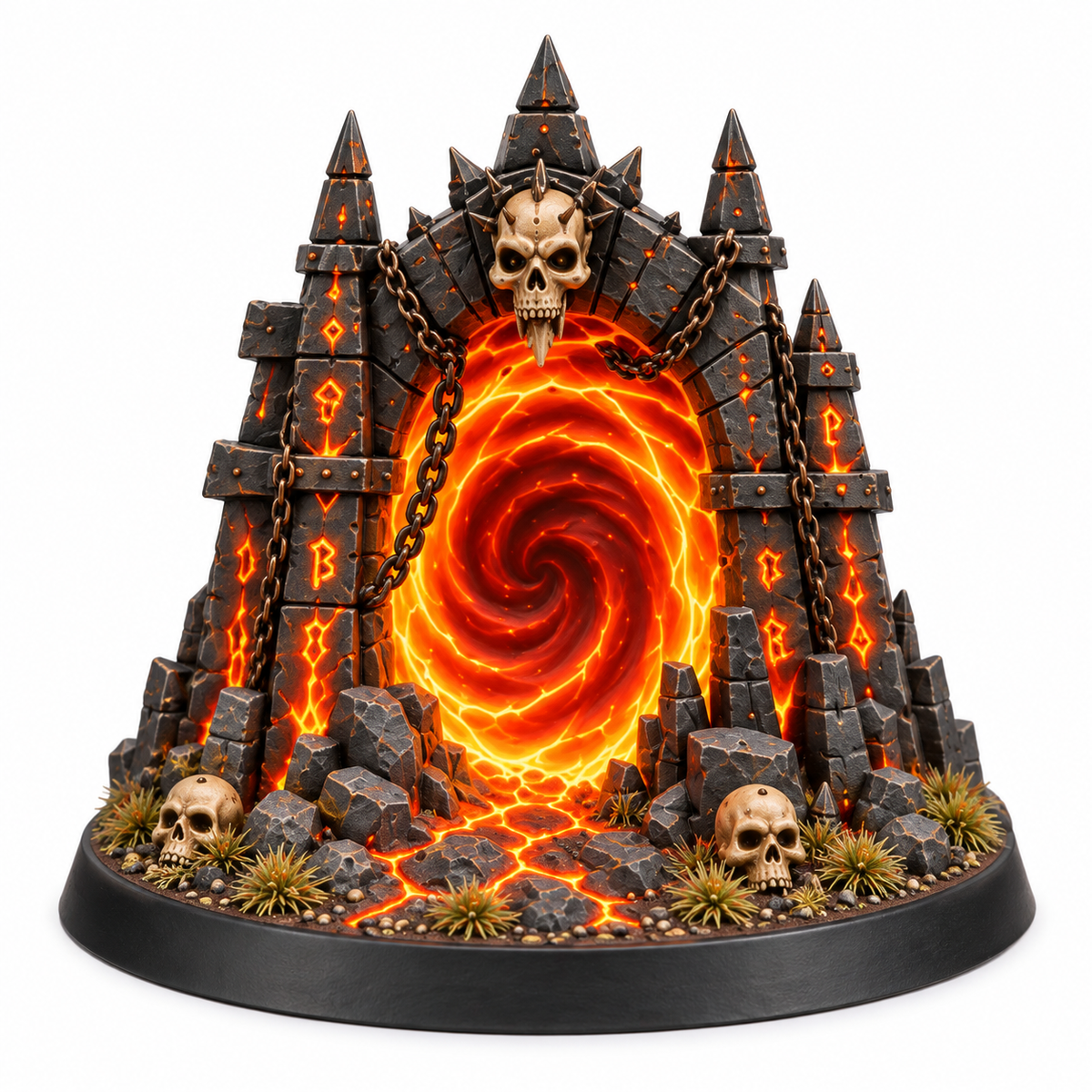 Infernal portal terrain miniature with a glowing orange vortex and skulls.