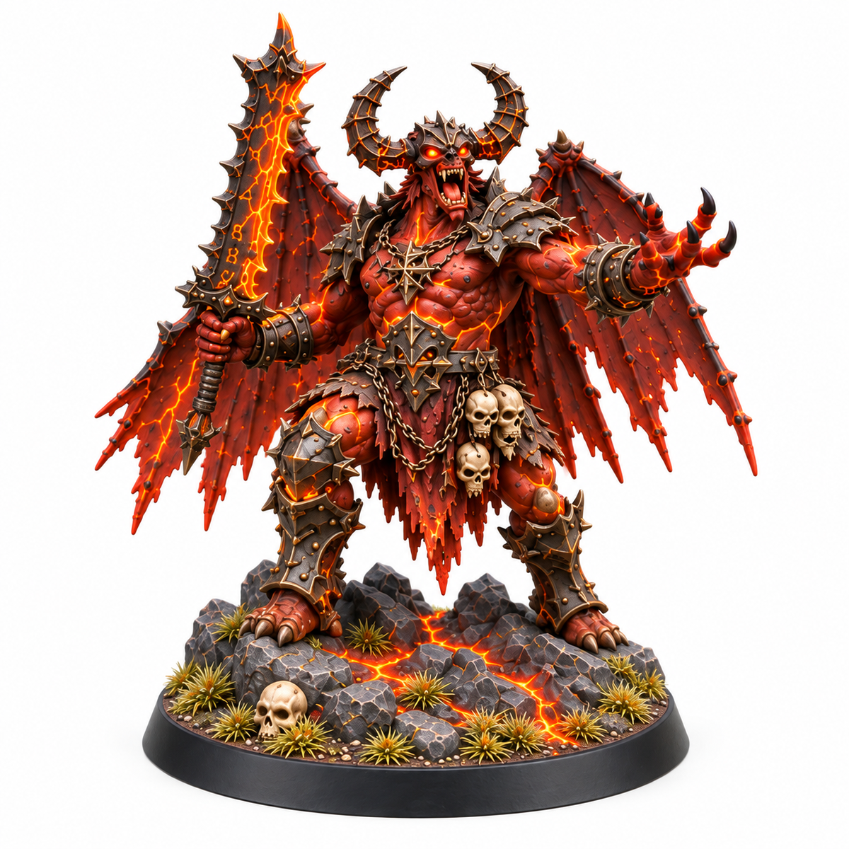 Infernal warlord miniature in molten armor carrying a massive flaming sword.