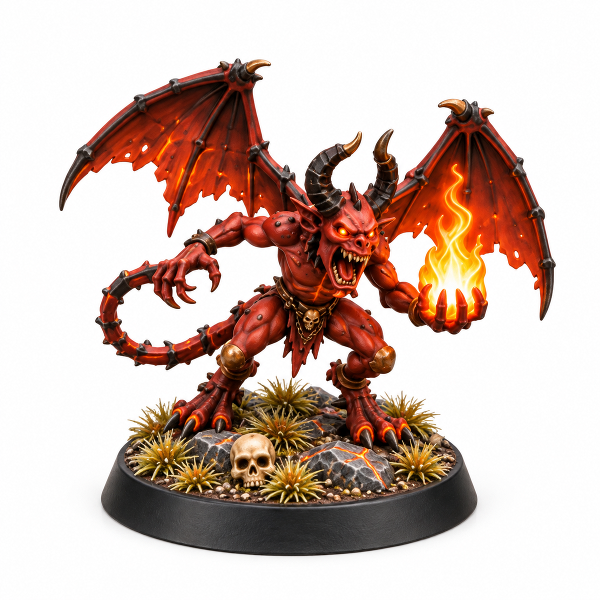Winged demon miniature holding a ball of fire above a lava-streaked base.