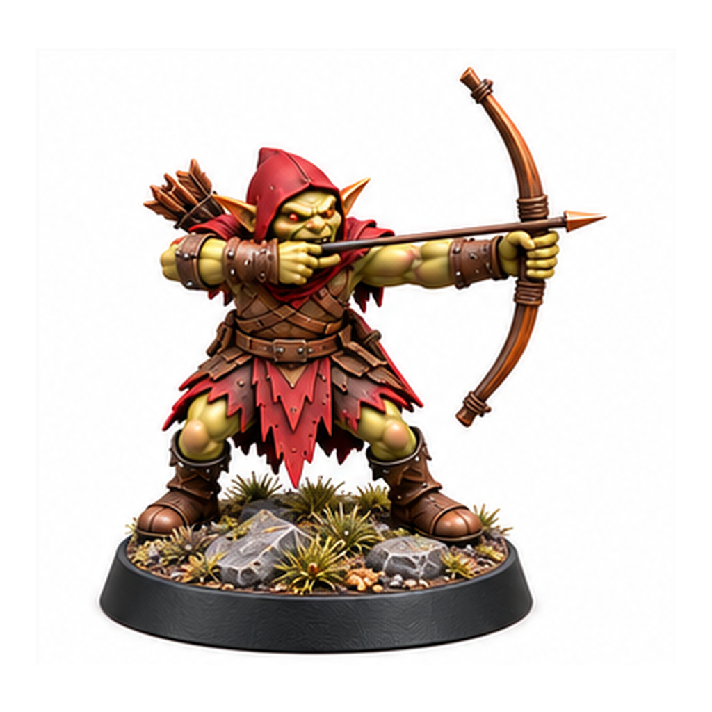 Goblin archer miniature drawing a bow on a rocky camp base.