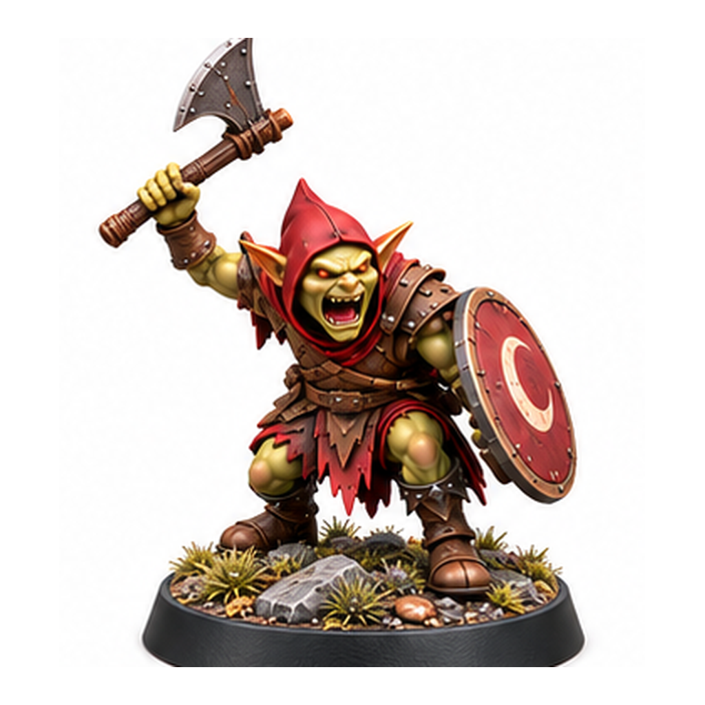 Goblin guard miniature with an axe and round moon shield.