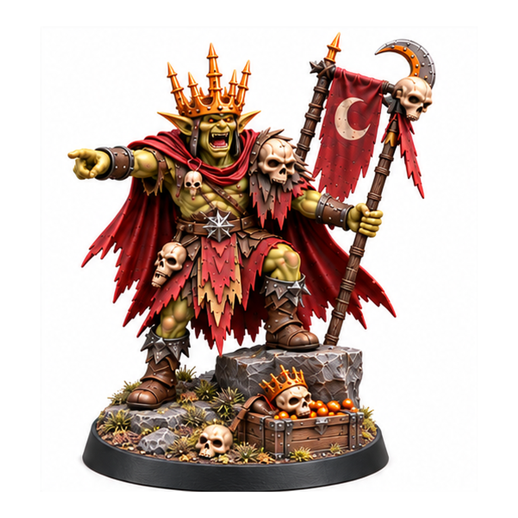 Goblin chief miniature pointing forward beside a moon banner and treasure chest.