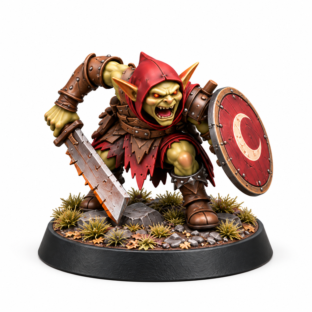 Goblin guard miniature carrying a cleaver and round moon shield.
