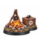 Goblin campfire terrain miniature with a cooking pot and supply crate.