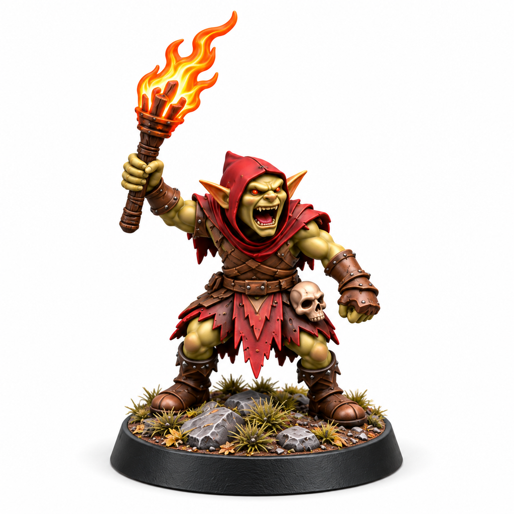 Second goblin scout miniature holding a bright torch.