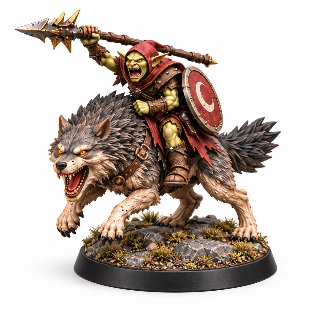 Goblin wolf rider miniature charging with a spear.