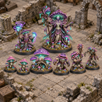 Eight miniatures from the Mushroom Realm encounter set arranged on a ruined tabletop.