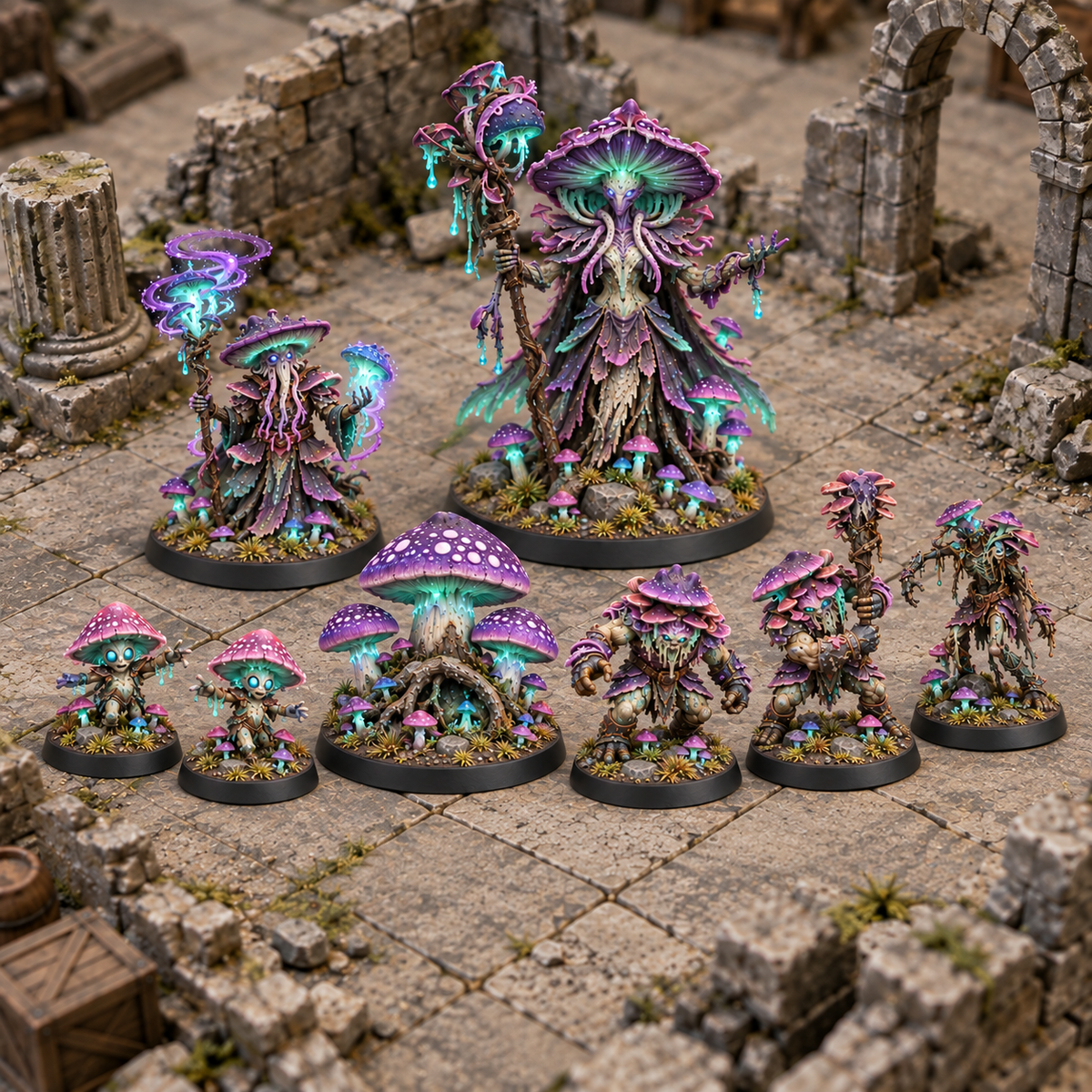 Eight miniatures from the Mushroom Realm encounter set arranged on a ruined tabletop.