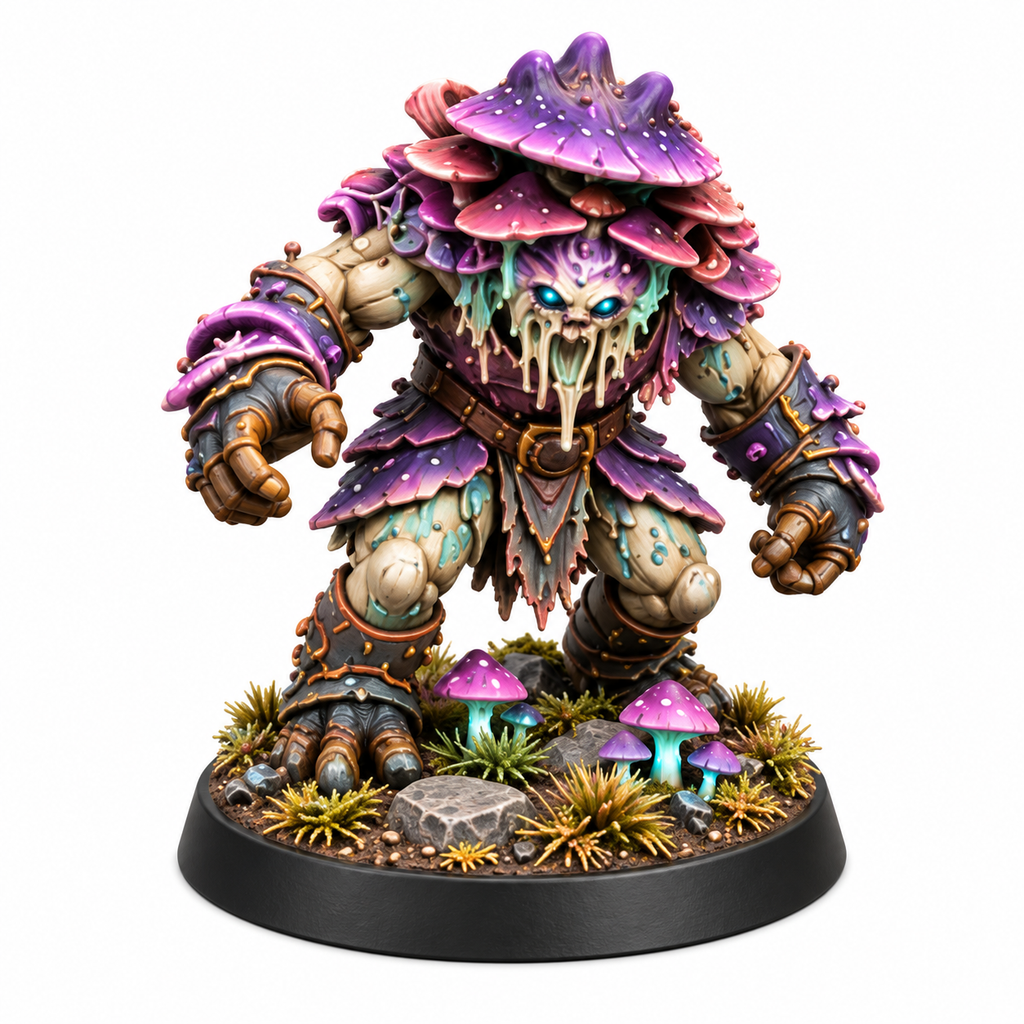 Fungal brute miniature with heavy fists and layered mushroom armor.