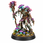 Fungal druid miniature with a mushroom staff and hanging moss.