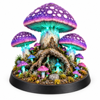 Mushroom house terrain miniature with glowing windows and clustered violet caps.