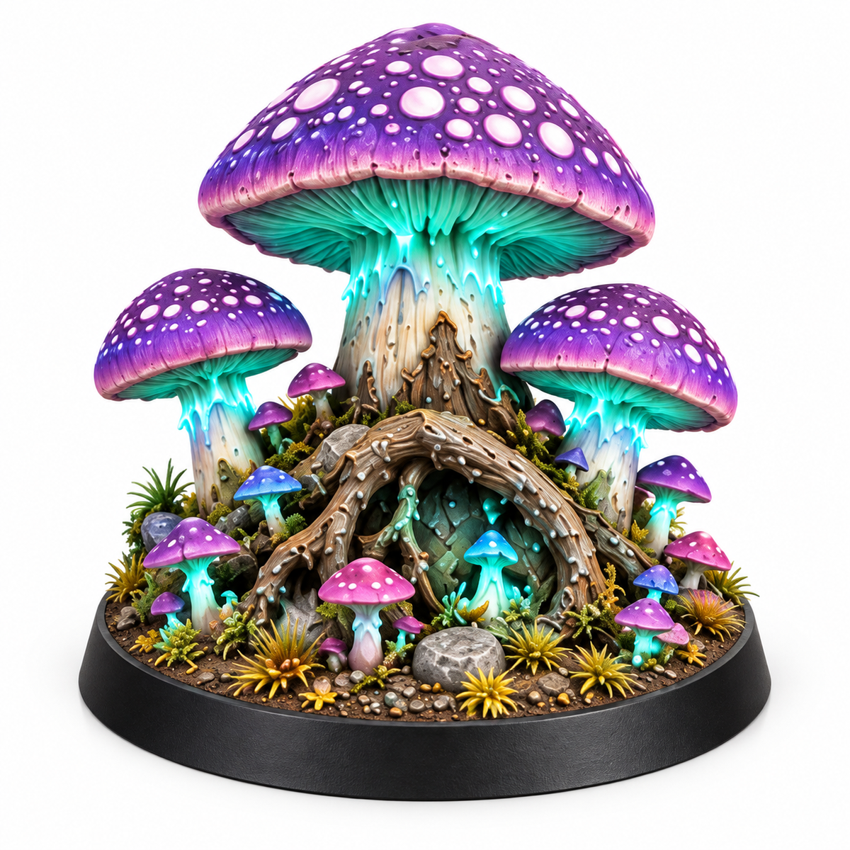 Mushroom house terrain miniature with glowing windows and clustered violet caps.