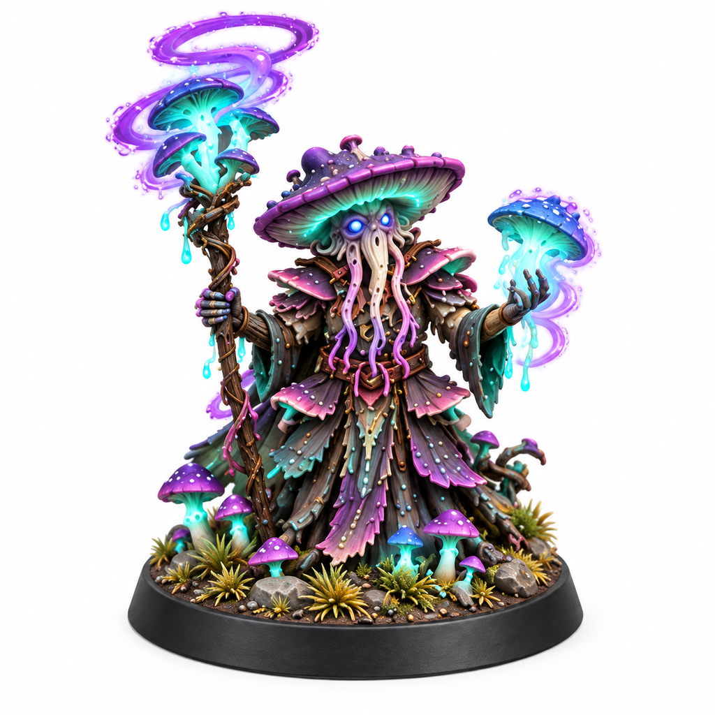 Mycelial sorcerer miniature surrounded by glowing mushrooms and magical rings.