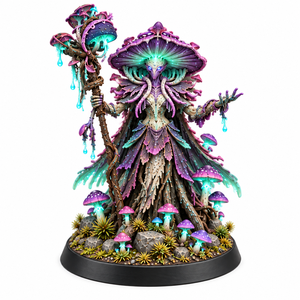 Mushroom queen miniature with layered glowing caps and an ornate staff.