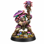 Mushroom shaman miniature holding a tall staff crowned with violet caps.