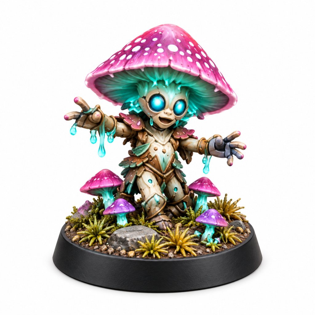 Small mushroom sproutling miniature with a bright pink cap and glowing eyes.