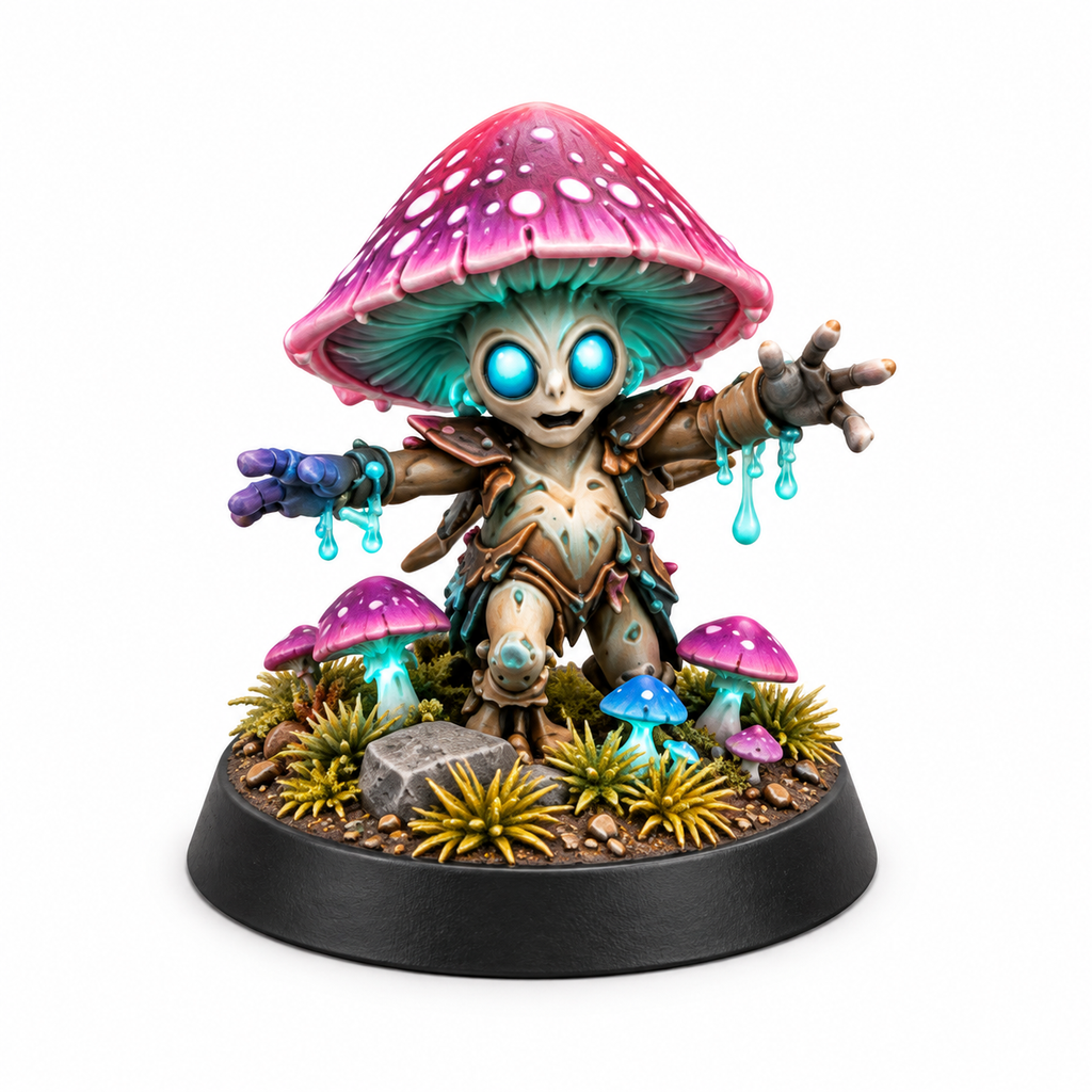 Second mushroom sproutling miniature reaching forward from a mossy base.
